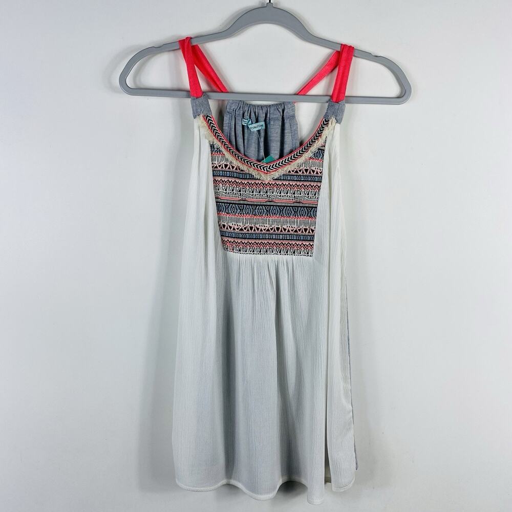 Maurices Tank Top Small Gauze Bib Embroidered V-Neck White Gray Coral